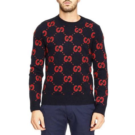 pull gucci homme bleu|Pull en laine tricotée à motif GG enlacés en bleu .